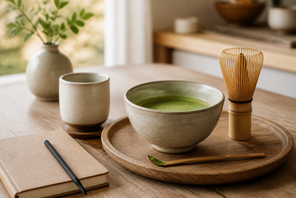 Tazón de matcha, batidor de bambú, taza y cuaderno