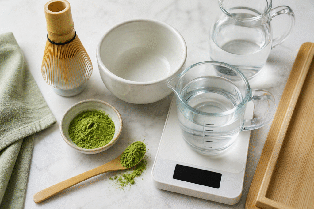 Unbranded matcha powder, bamboo whisk, bowl, measuring cup, water pitcher and kitchen scale on a bright counter