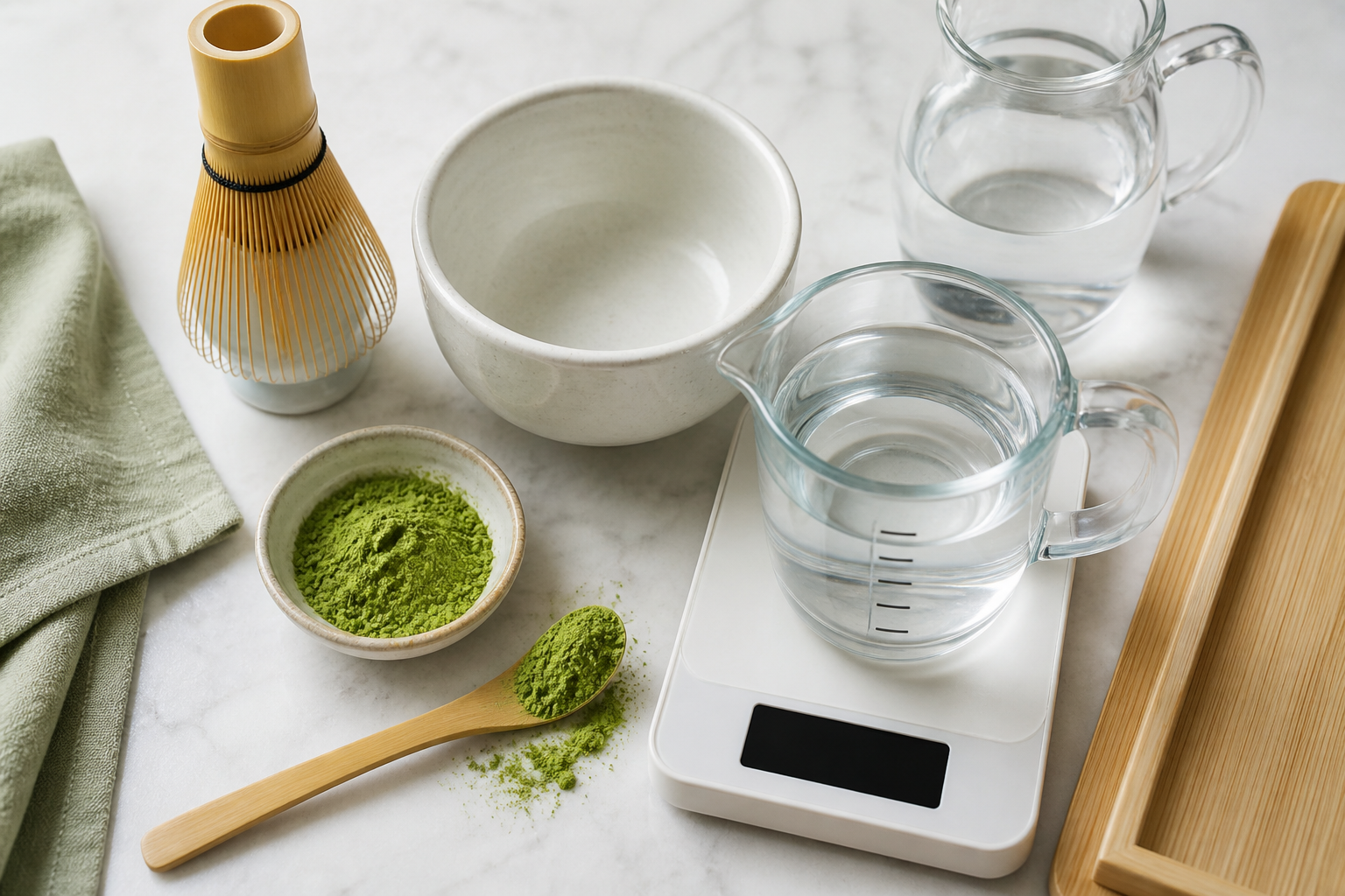 Unbranded matcha powder, bamboo whisk, bowl, measuring cup, water pitcher and kitchen scale on a bright counter