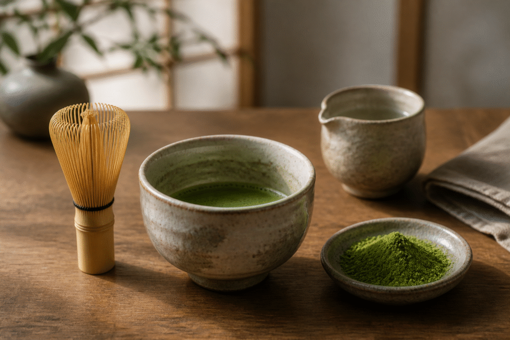 Bamboo whisk beside a matcha bowl