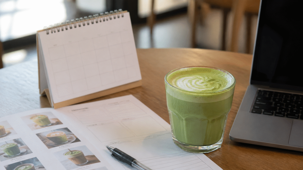 Unbranded matcha latte beside a blank menu sheet and calendar