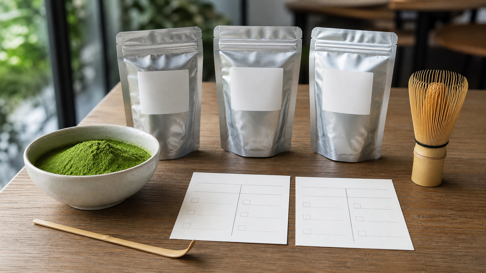 Three anonymous silver matcha sample pouches beside a bowl, whisk and blank comparison cards