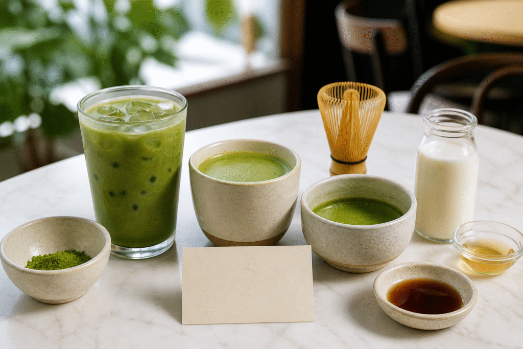 Unbranded matcha latte, plain whisked matcha, milk and vanilla syrup beside a blank tasting notes card