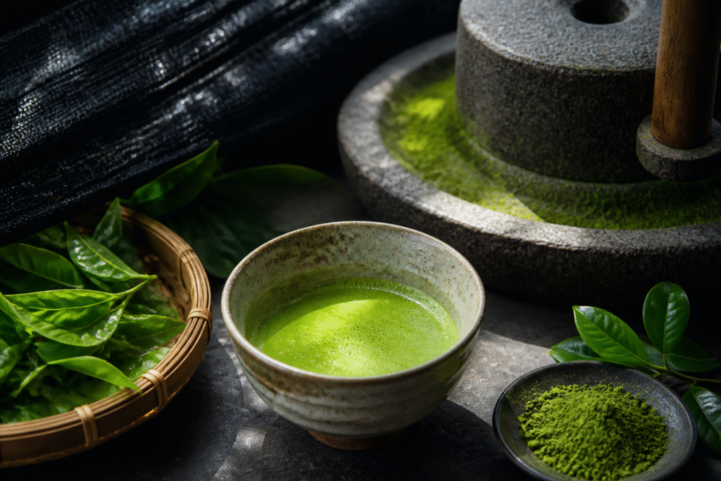 Bright green matcha powder beside a tea bowl