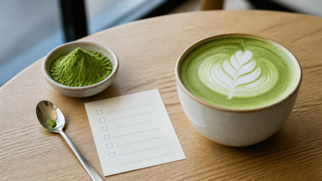 Unbranded matcha latte beside matcha powder and a blank ingredient checklist