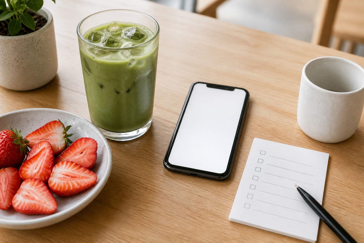 Unbranded iced matcha drink with strawberries beside a blank phone menu screen and checklist