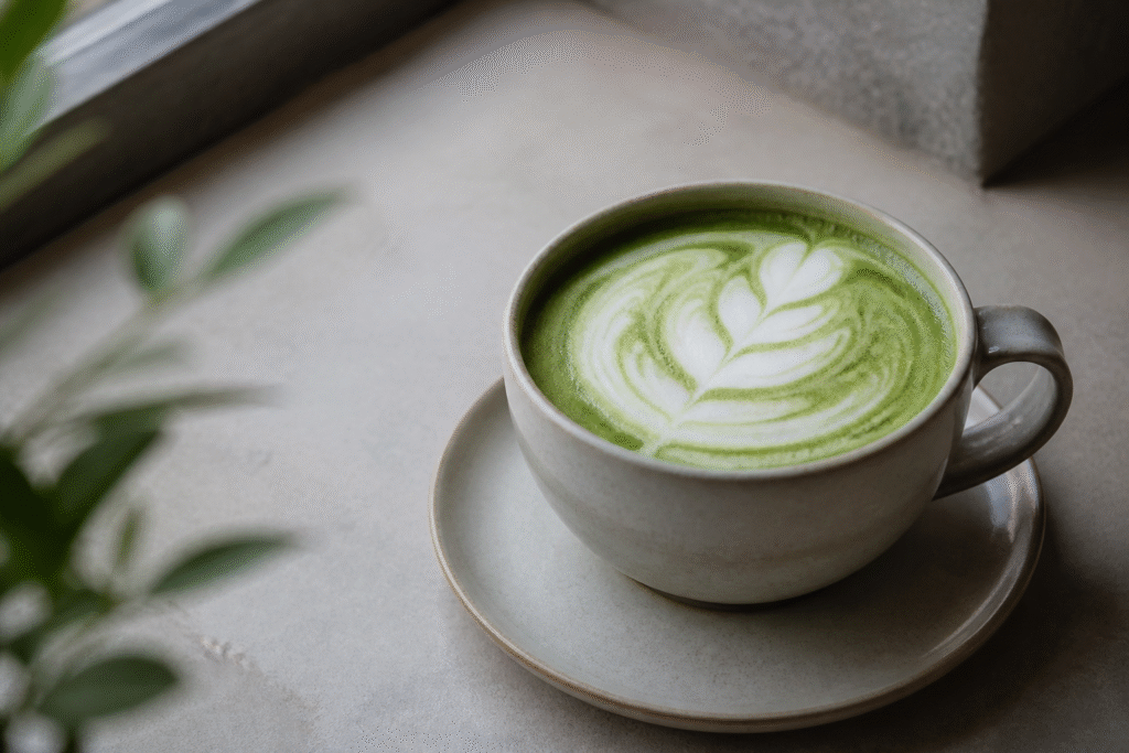Matcha latte stick packs beside a nutrition label checklist