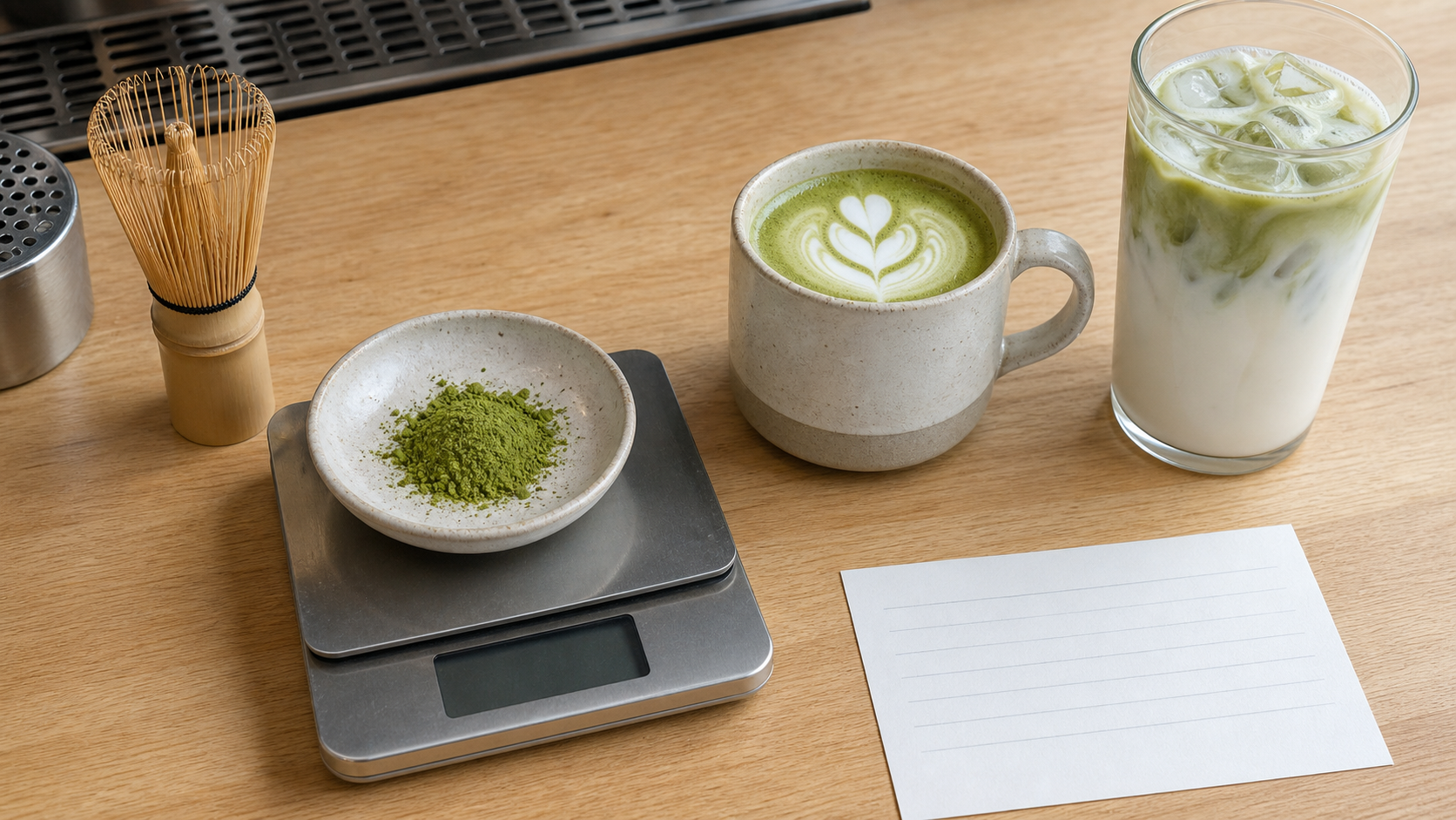 Matcha powder on a digital scale beside a hot latte, iced latte, whisk and blank recipe card