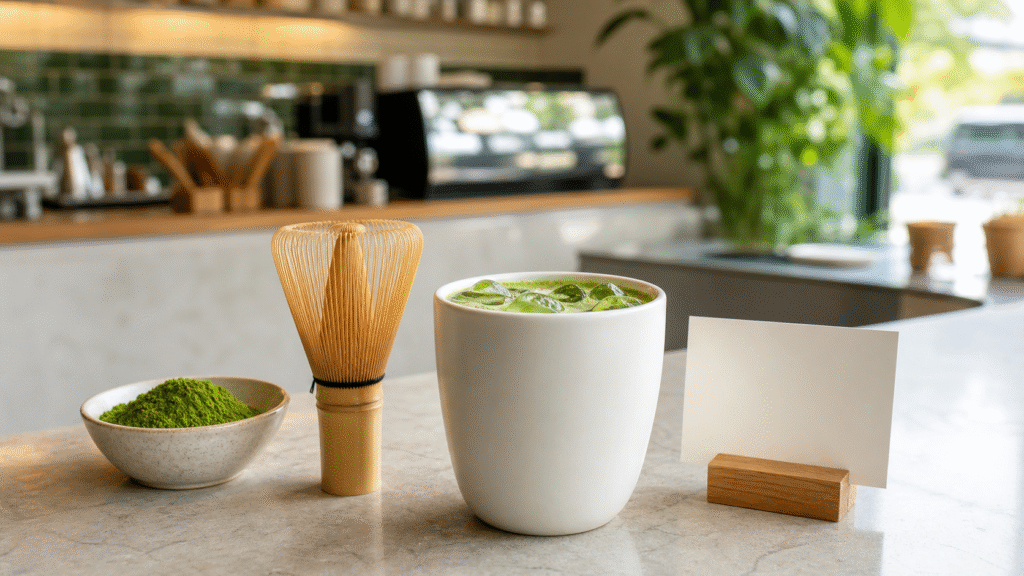 Unbranded iced matcha drink beside plain matcha powder, a whisk and a blank ingredient card on a café counter