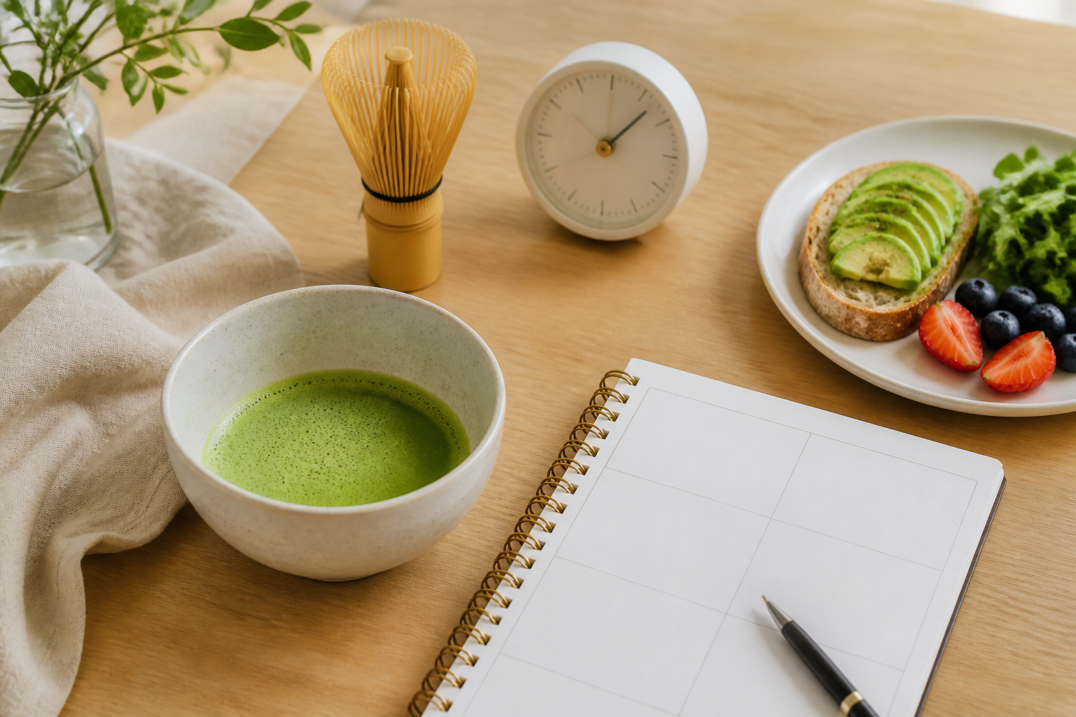 Unbranded bowl of matcha with a bamboo whisk, clock, breakfast plate and blank planner on a kitchen table