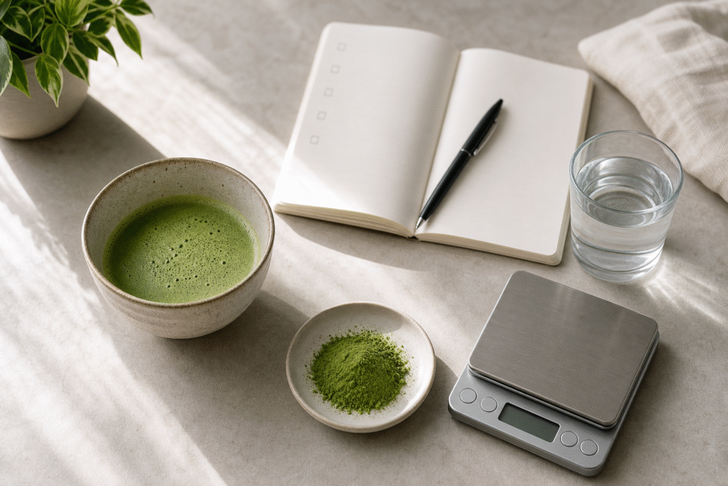Woman holding a matcha cup beside a caffeine and health checklist