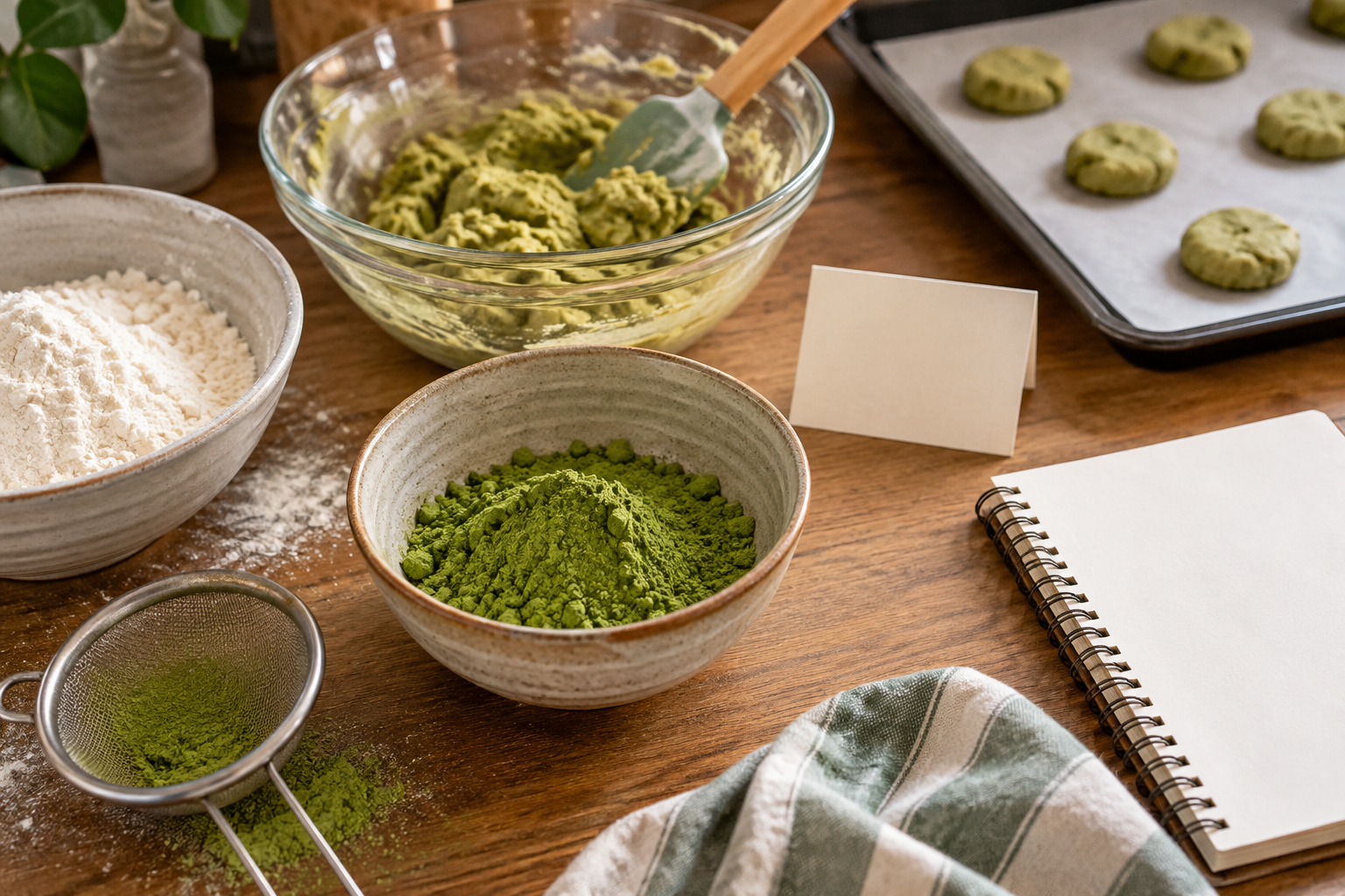Matcha powder, flour, sieve, mixing bowl and blank recipe notebook on a baking counter