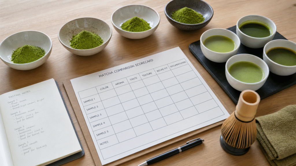 Unbranded matcha tasting setup with powder bowls, prepared cups, whisk and a comparison scorecard