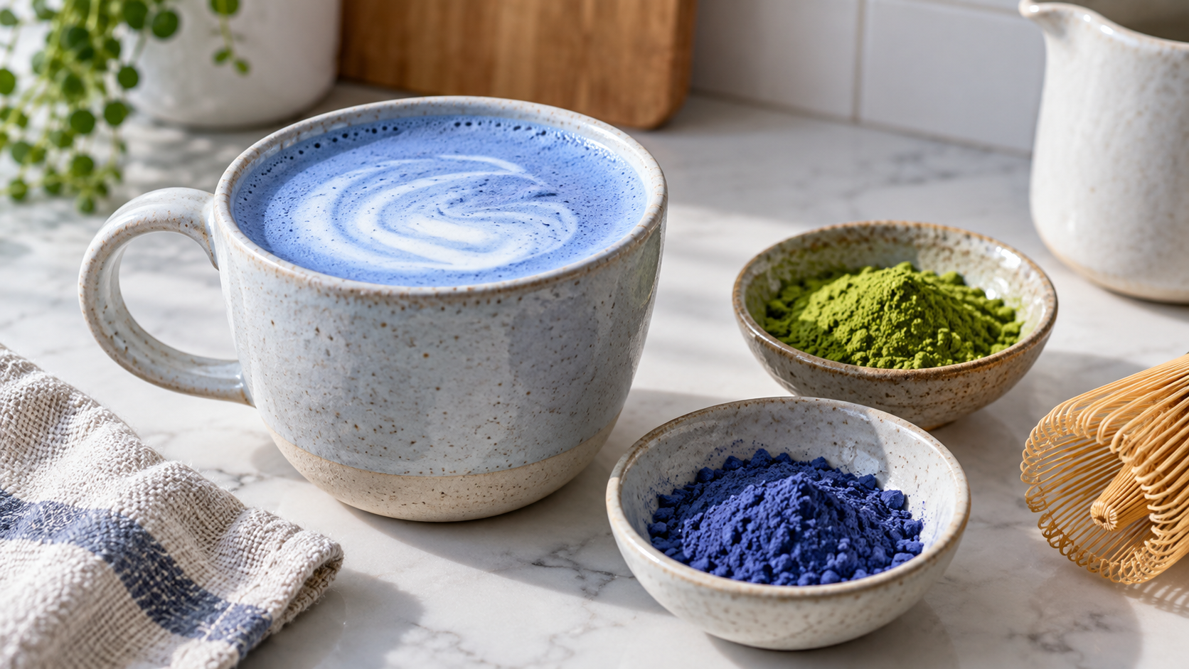 Blue latte beside blue butterfly pea powder and green matcha powder