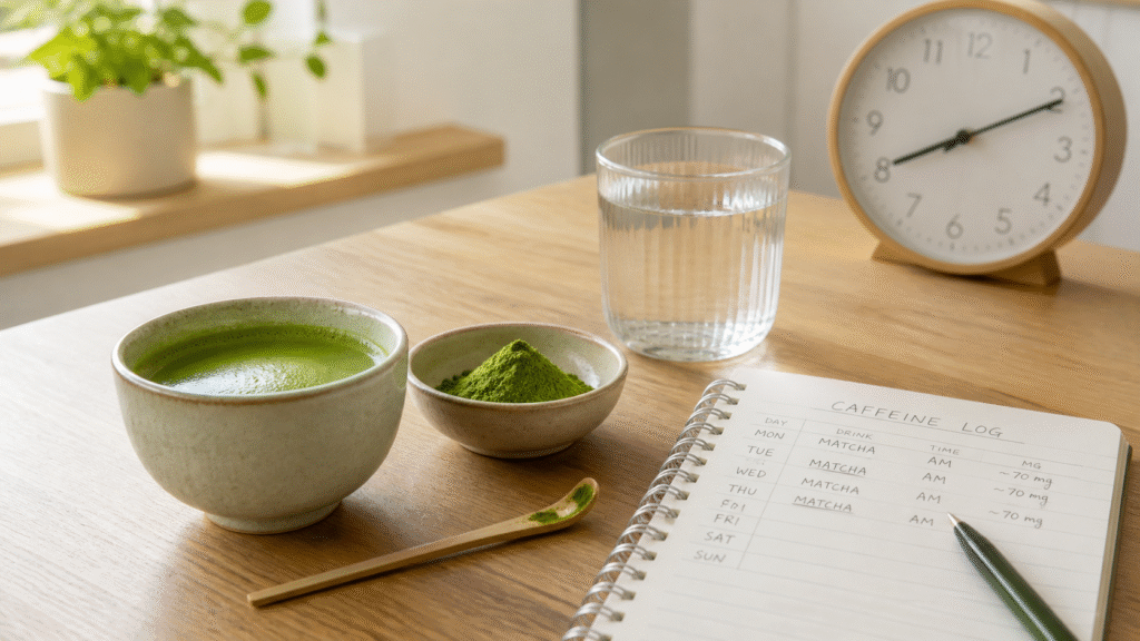 Plain matcha, matcha powder, water, clock and a weekly caffeine log notebook on a morning table