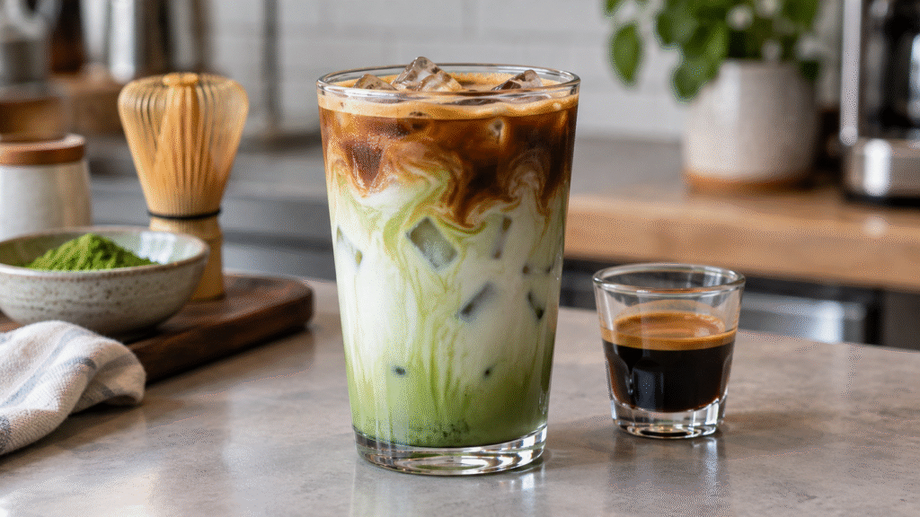 Iced matcha latte with an espresso layer and a small espresso shot beside it