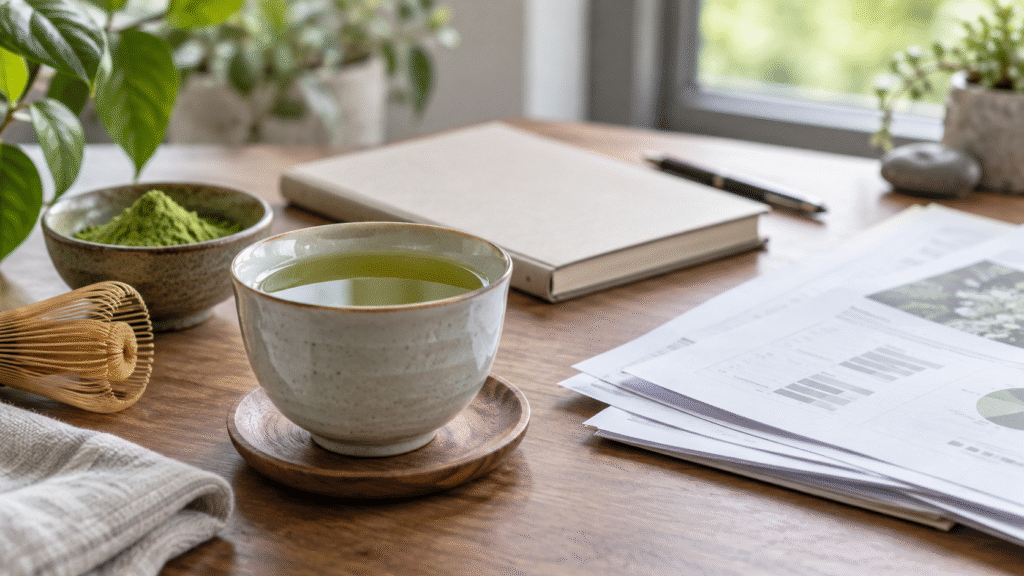 Green tea, matcha powder and blank evidence notes on a desk