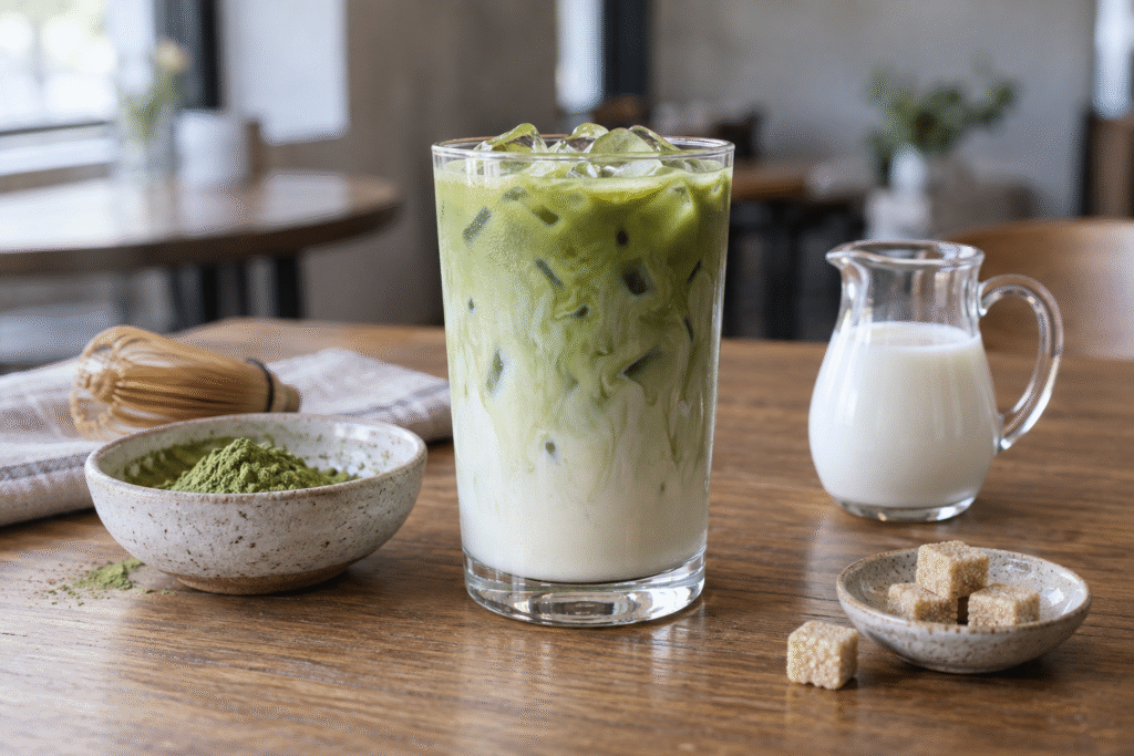 Unbranded iced matcha latte beside milk, matcha powder and sugar cubes on a cafe table