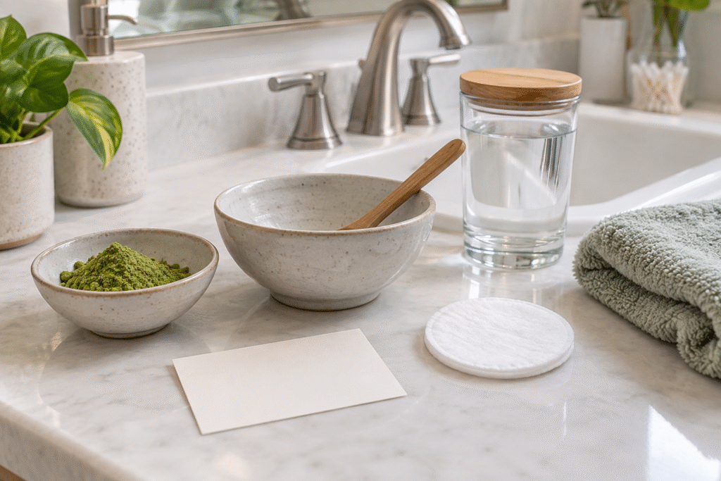 Matcha powder, clean mixing bowl, water glass, cotton pad and blank card on a bathroom counter