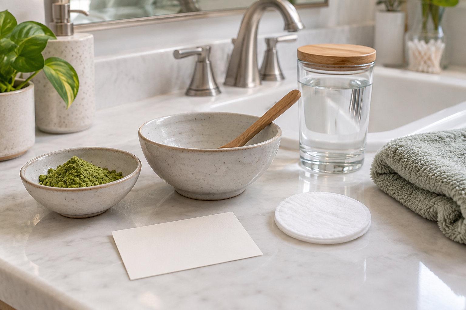 Matcha powder, clean mixing bowl, water glass, cotton pad and blank card on a bathroom counter