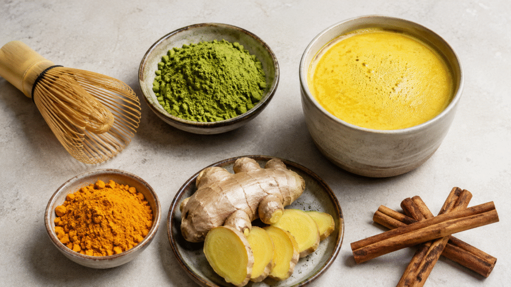 Matcha powder beside turmeric, ginger, cinnamon, a bamboo whisk and a golden latte on a stone counter