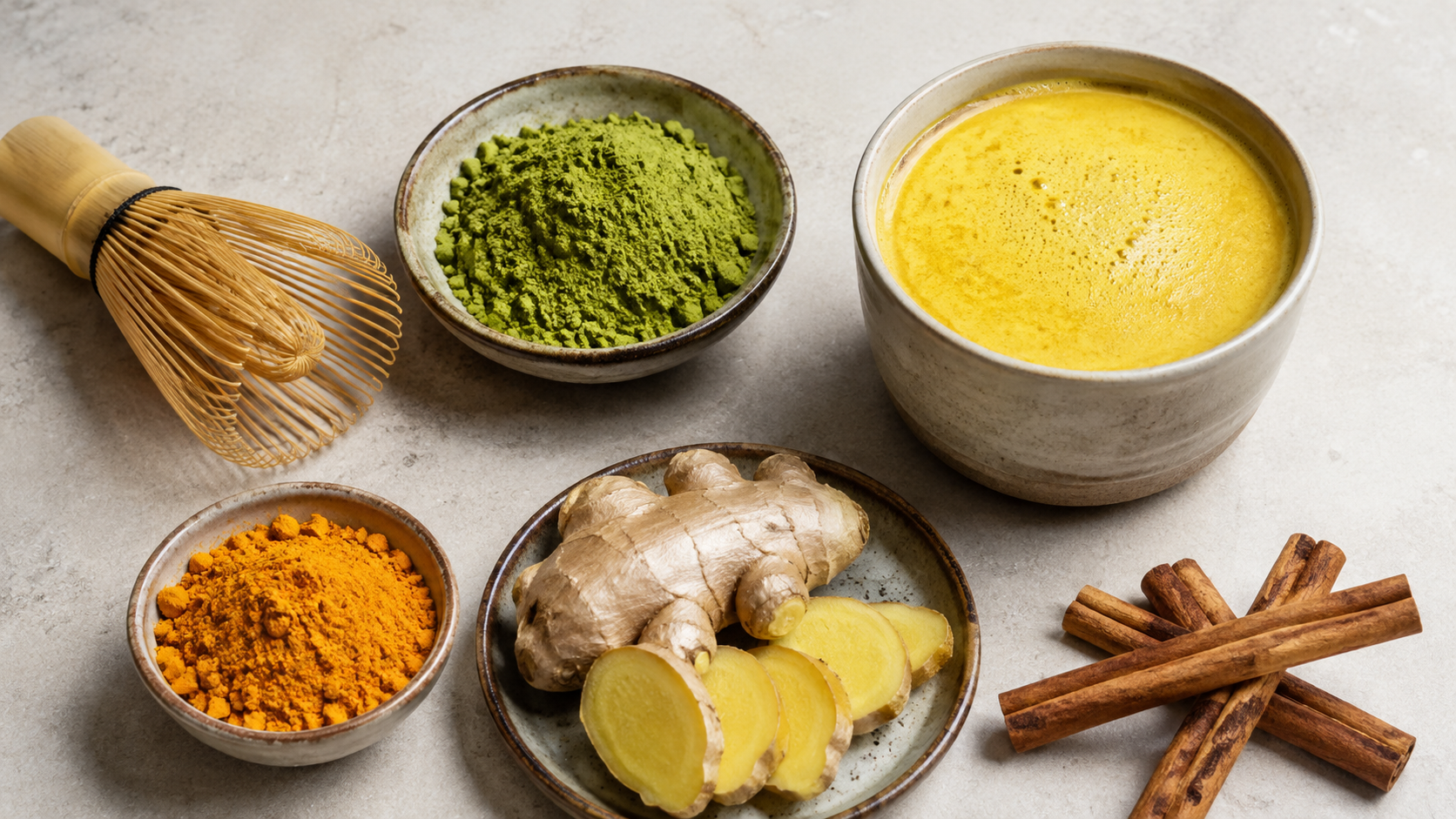 Matcha powder beside turmeric, ginger, cinnamon, a bamboo whisk and a golden latte on a stone counter