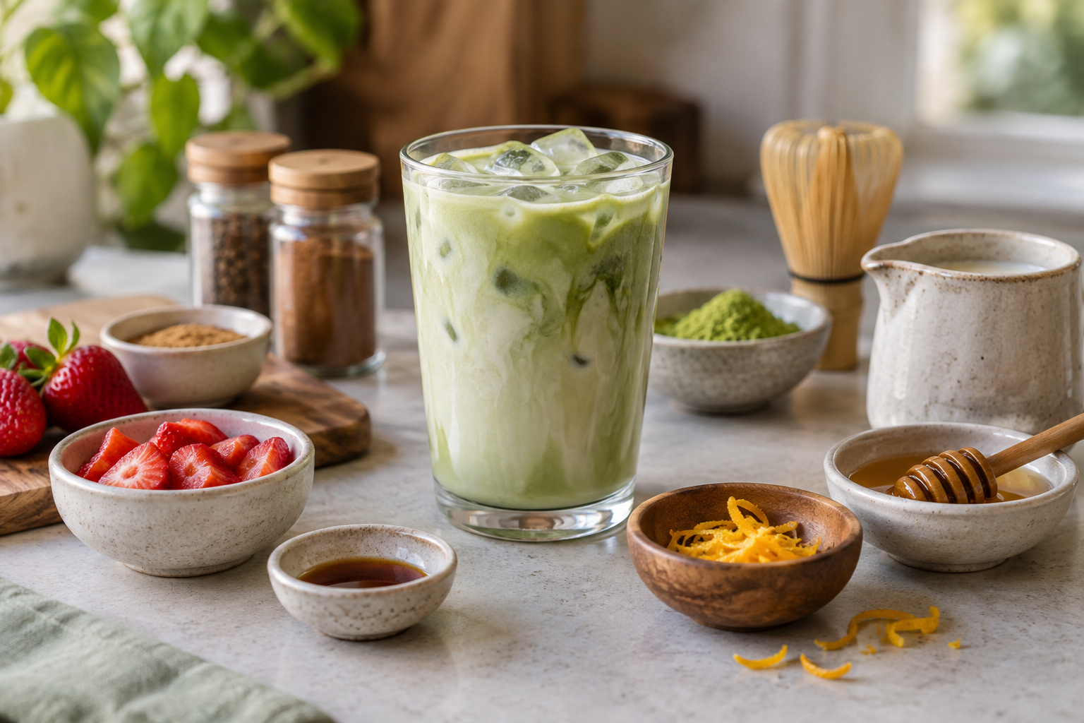Iced matcha latte surrounded by strawberry, honey, citrus peel, vanilla and spices