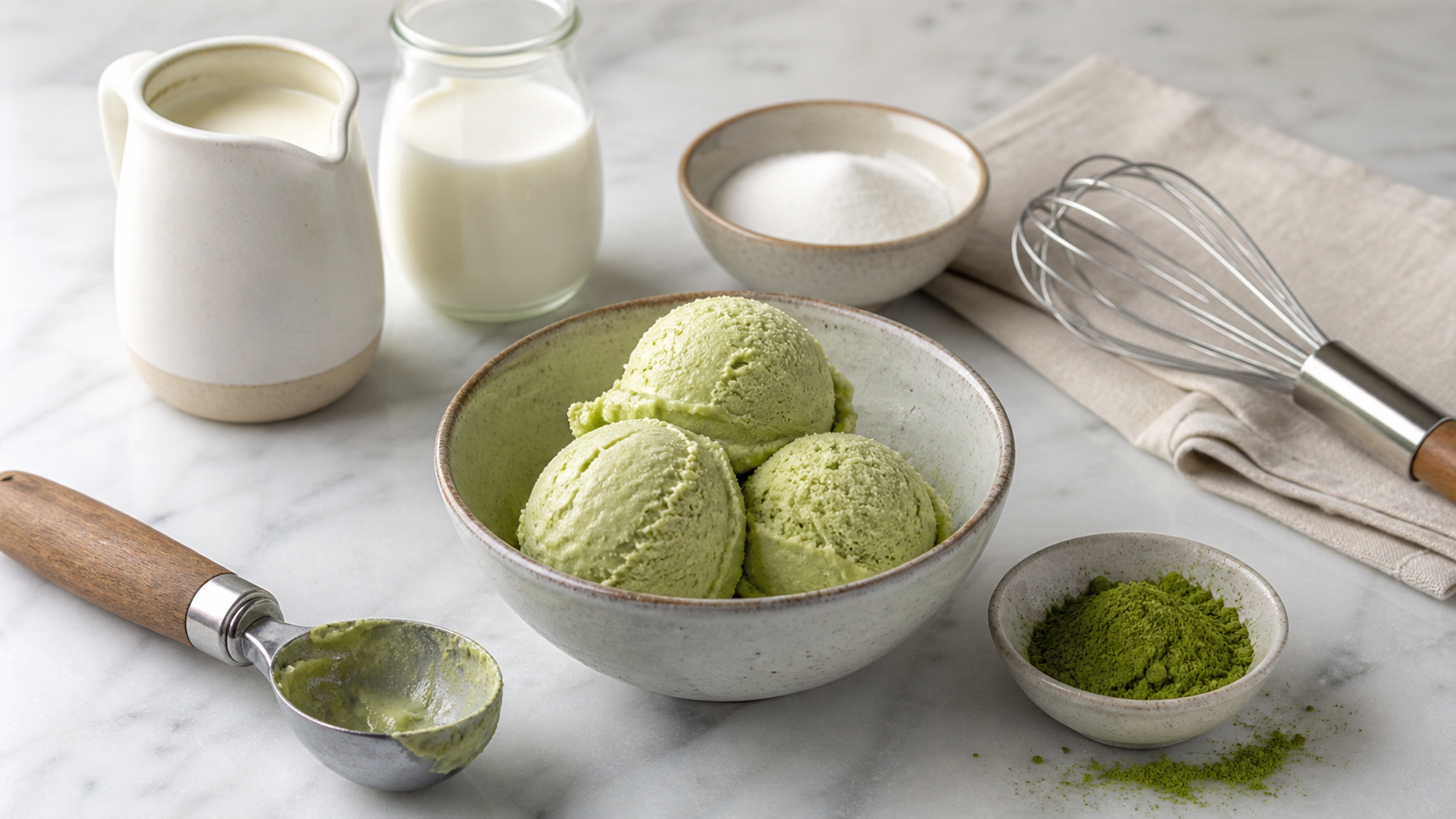 Homemade matcha ice cream with matcha powder, cream, milk, sugar and whisk on a kitchen counter
