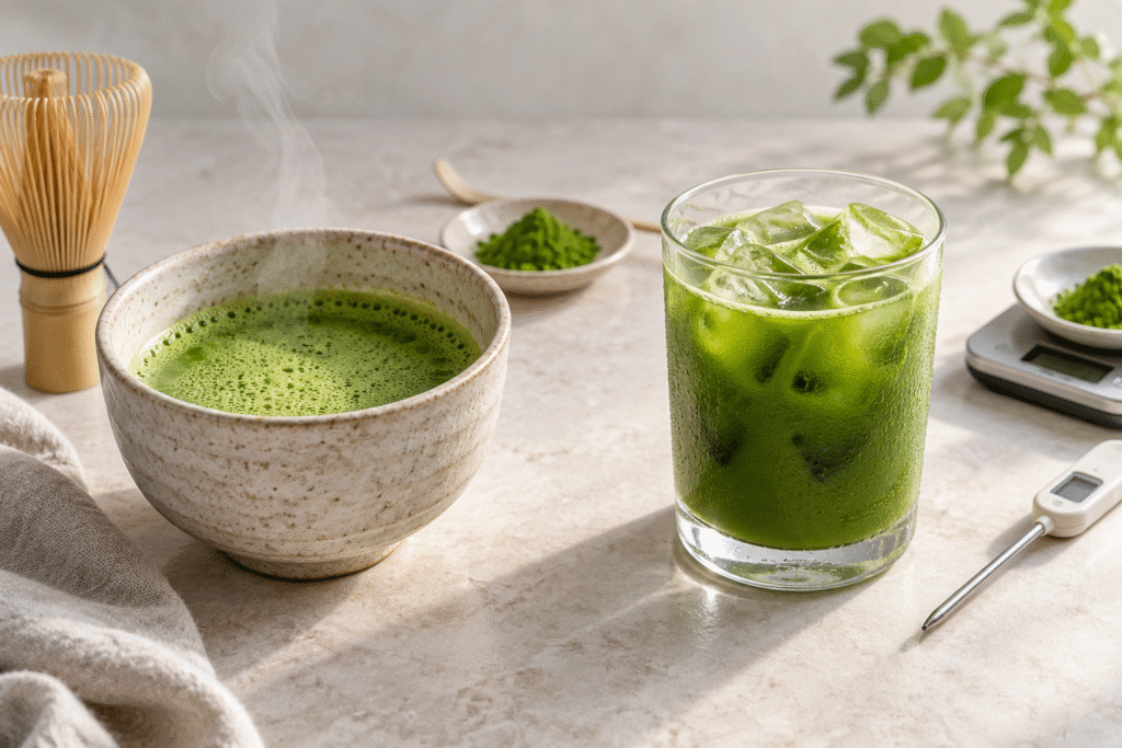 A warm bowl of whisked matcha beside a glass of iced matcha with a whisk, scale and thermometer