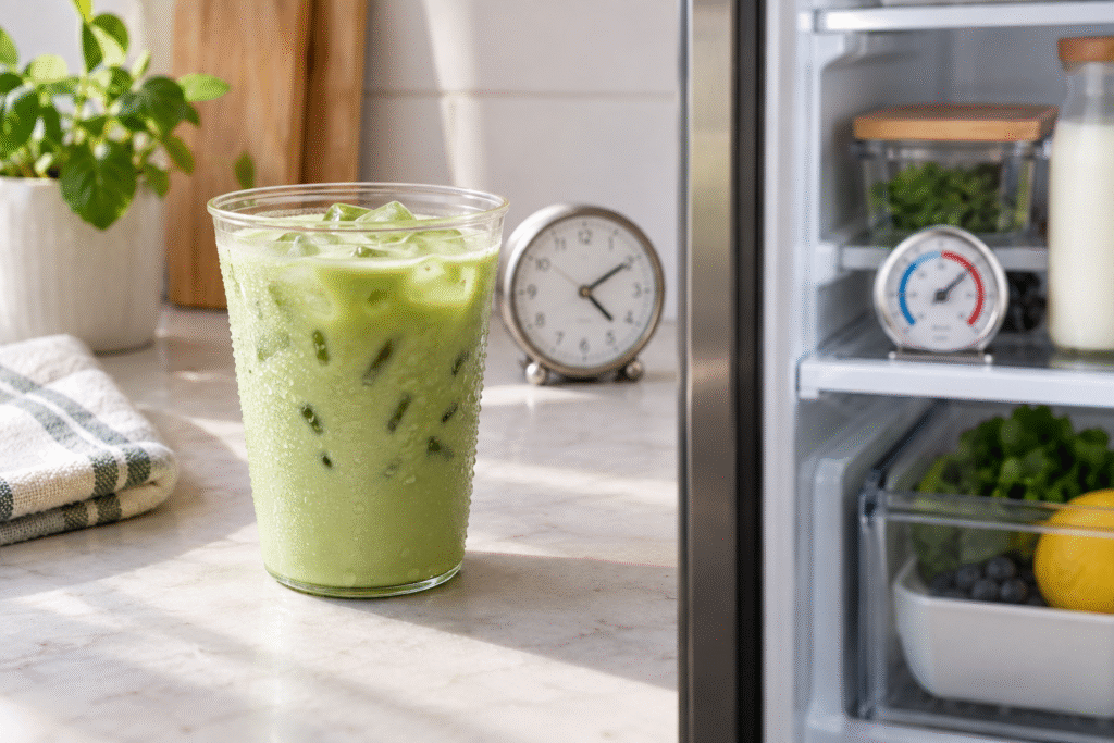 Unbranded iced matcha latte near a refrigerator, clock and thermometer