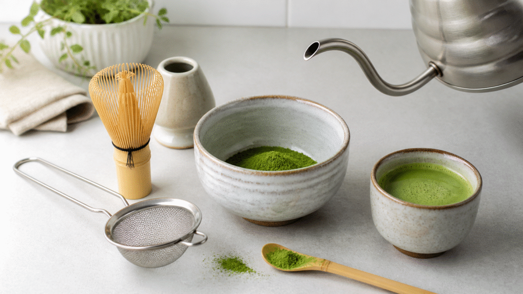 Matcha powder in a bowl with bamboo whisk, sifter, kettle, spoon and a finished cup of hot matcha