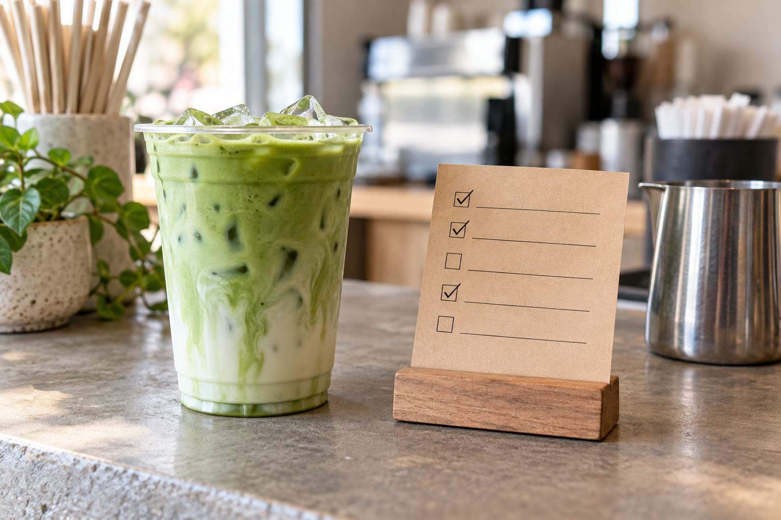 Unbranded iced matcha latte beside a blank café order checklist