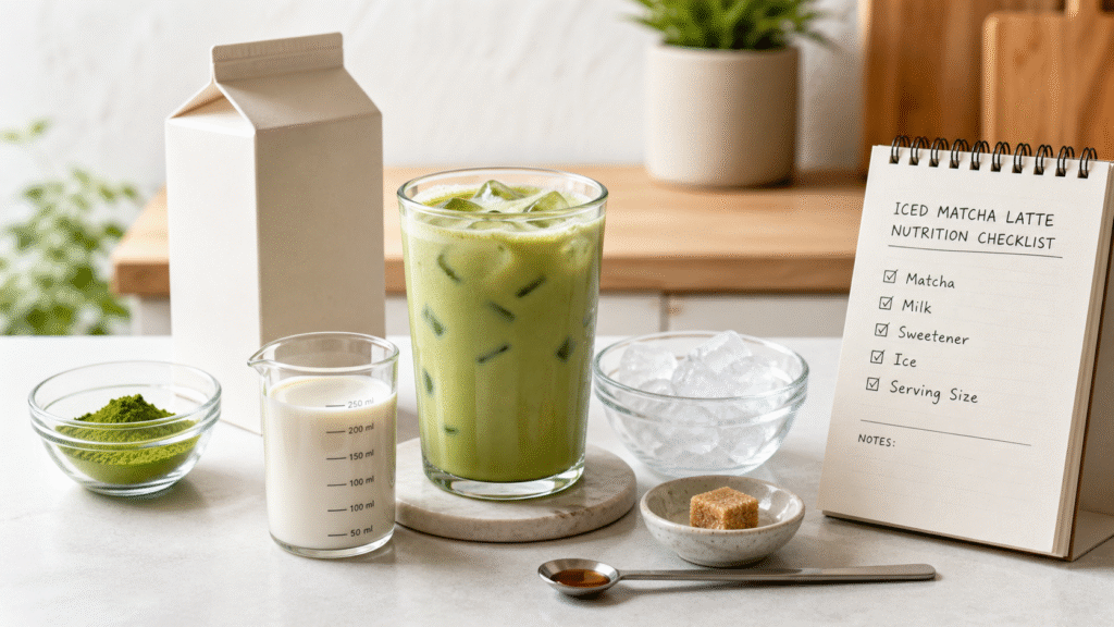 Iced matcha latte with matcha powder, milk, ice, sweetener and a nutrition checklist notebook
