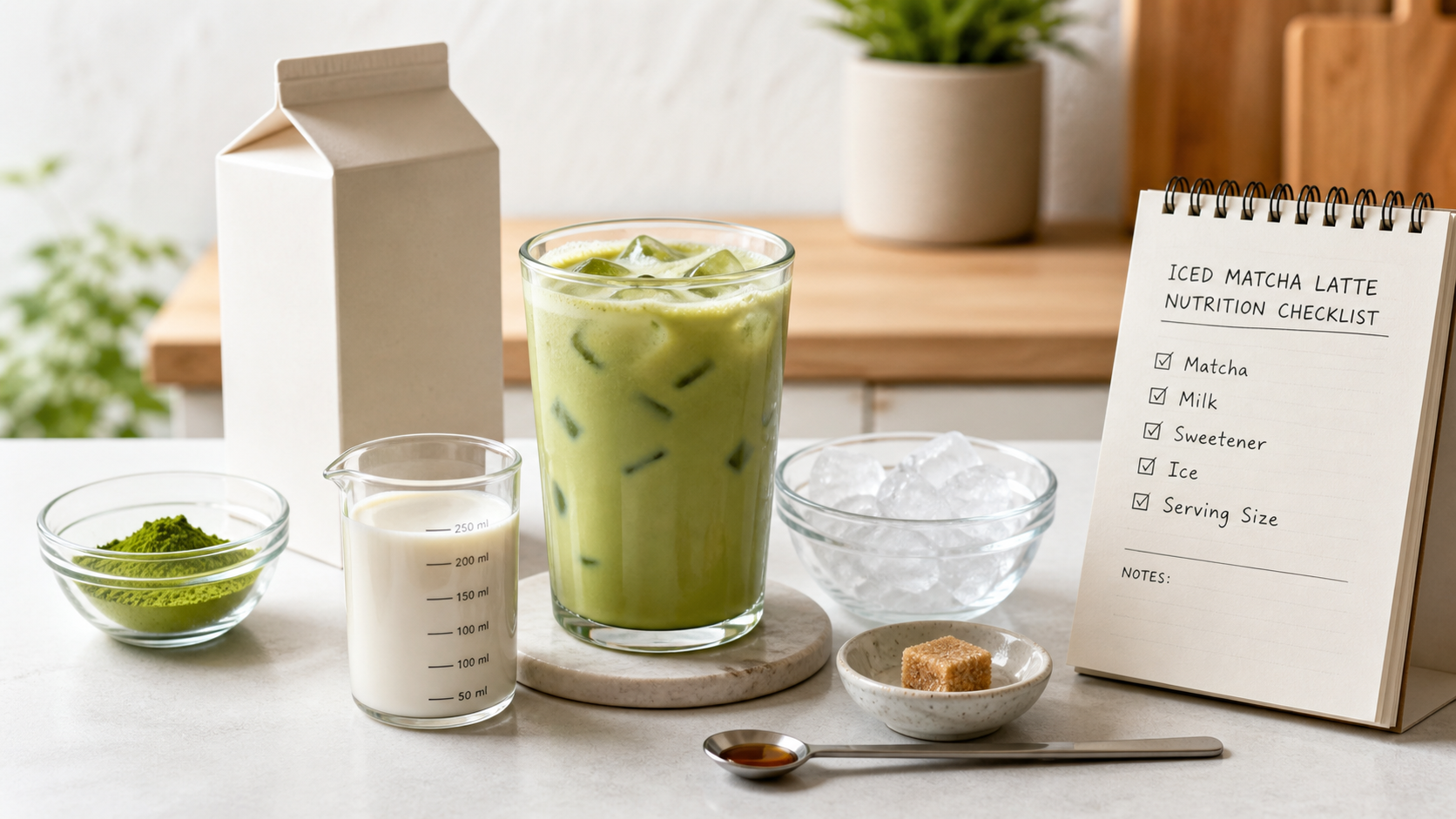 Iced matcha latte with matcha powder, milk, ice, sweetener and a nutrition checklist notebook