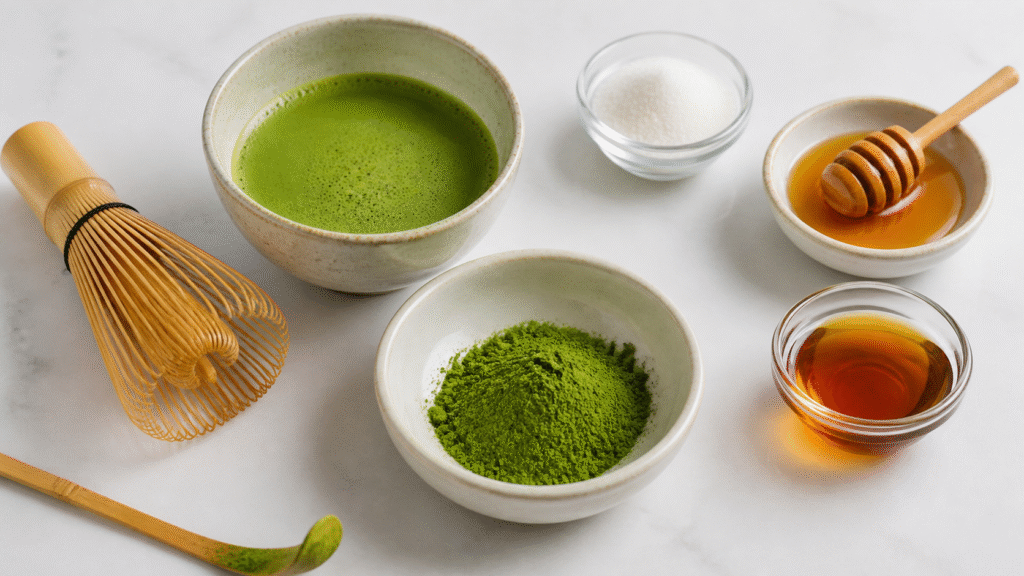 Plain matcha powder and whisked matcha with sugar, honey and syrup set aside