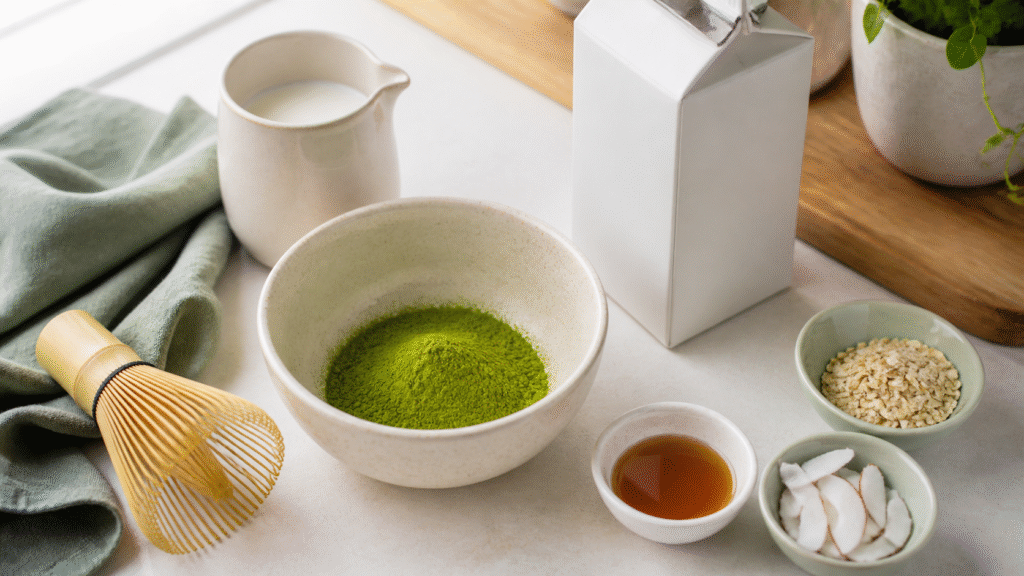 Matcha powder with a bamboo whisk, plant milk and plant-based additions on a kitchen counter