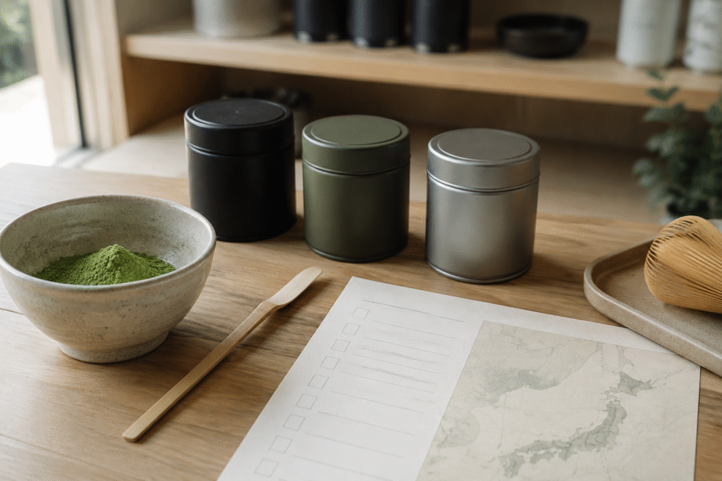 Unbranded matcha tins, powder, bamboo scoop and origin checklist on a tea shop counter