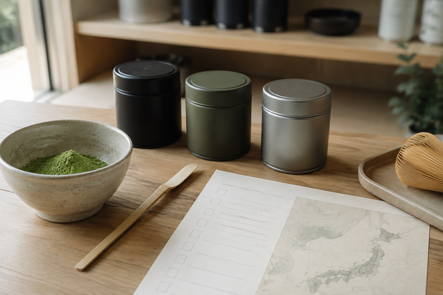 Unbranded matcha tins, powder, bamboo scoop and origin checklist on a tea shop counter