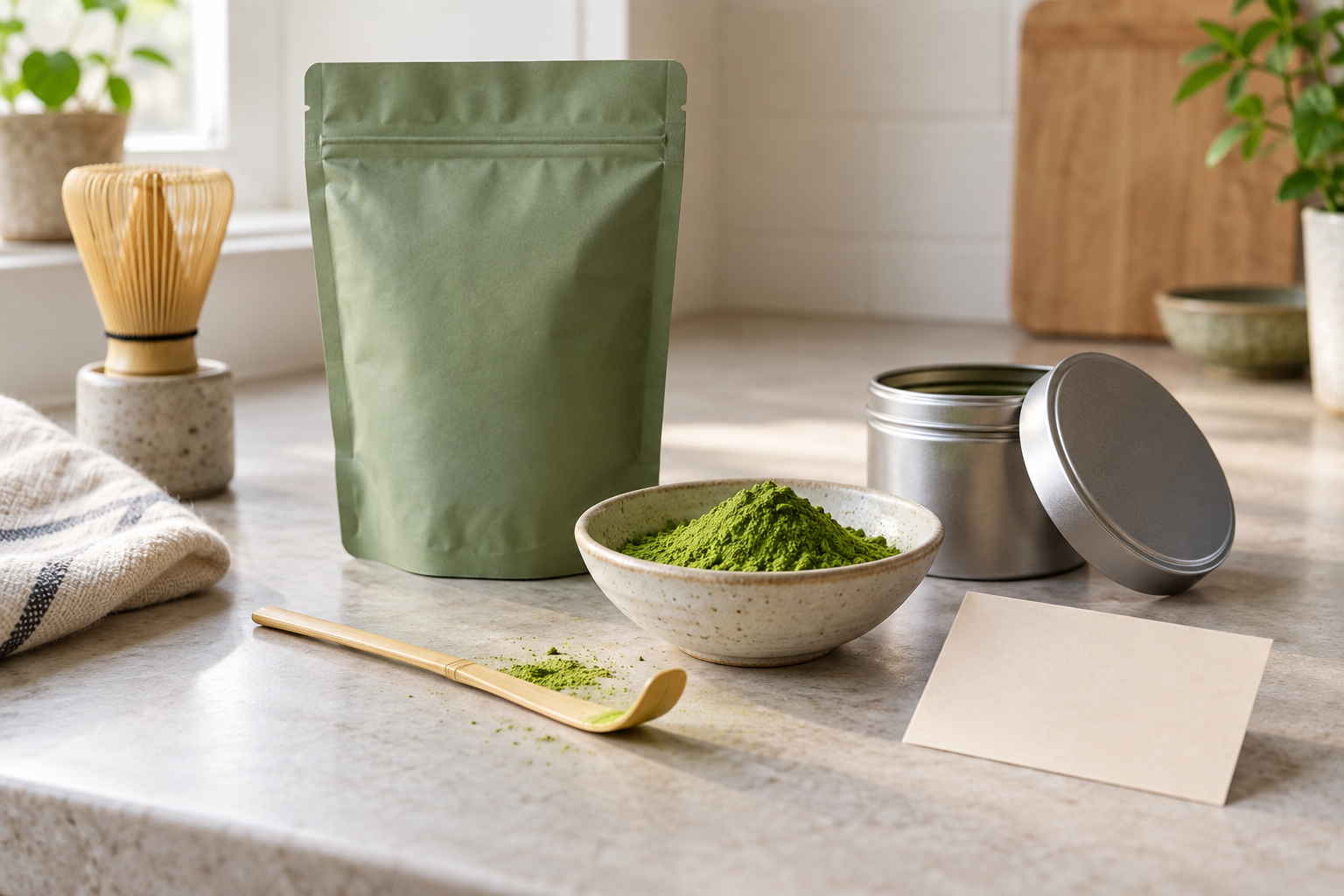 Unbranded matcha pouch, bowl of powder, tin and blank date card on a kitchen counter