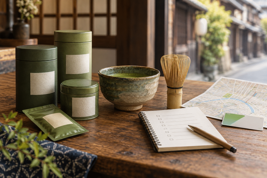 Unbranded green tea tins, matcha bowl, bamboo whisk, city map and shopping checklist on a wooden table