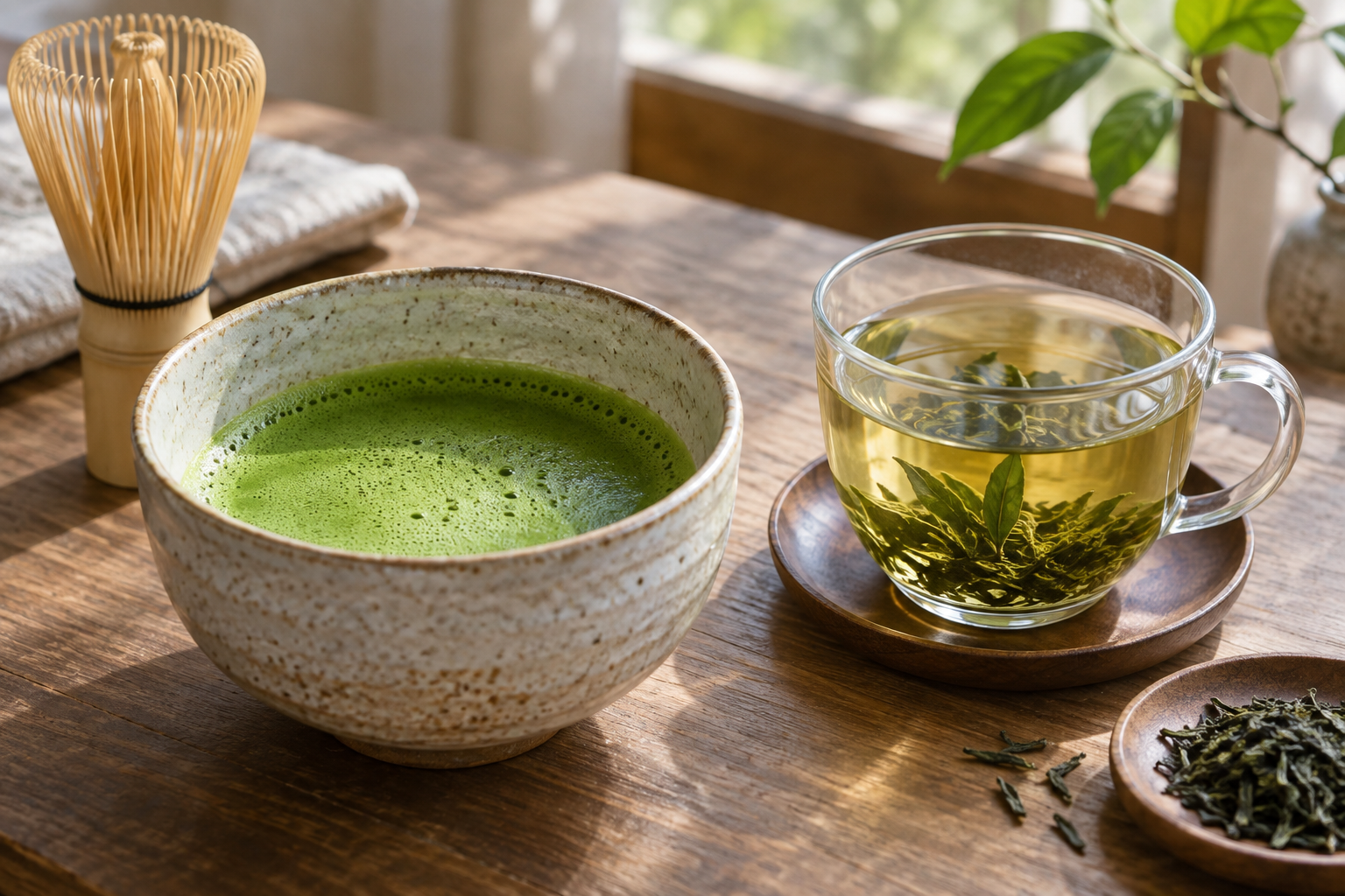 A bowl of whisked matcha beside a clear cup of brewed green tea