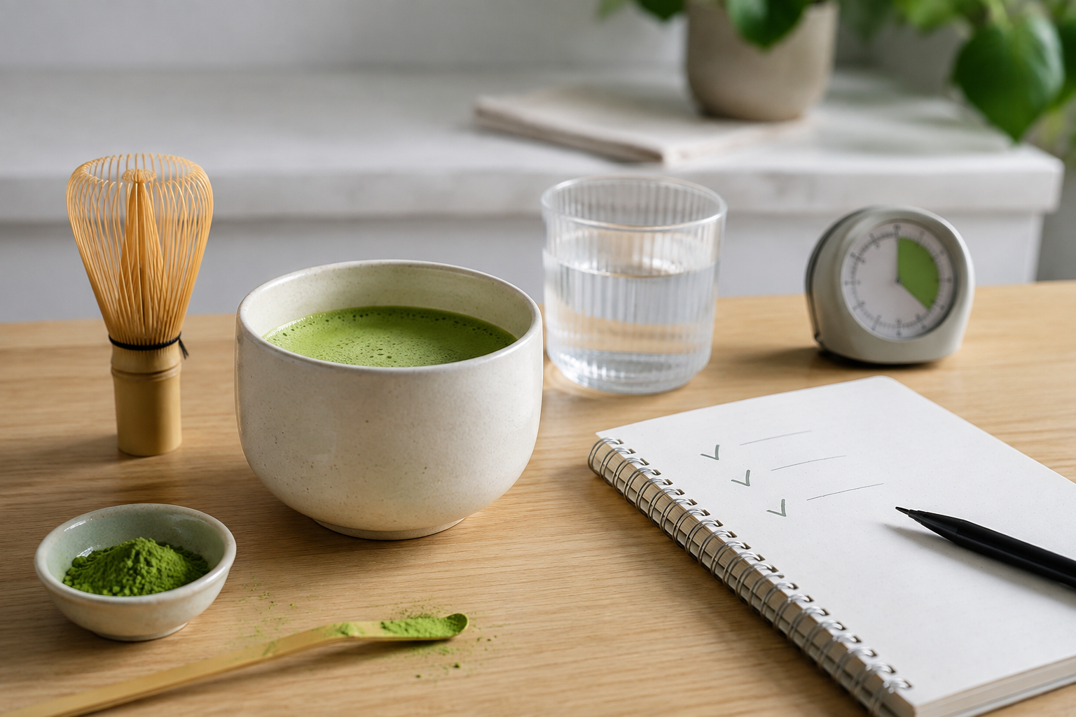Bowl of matcha with water, timer, whisk and checklist for caffeine-sensitive drinkers