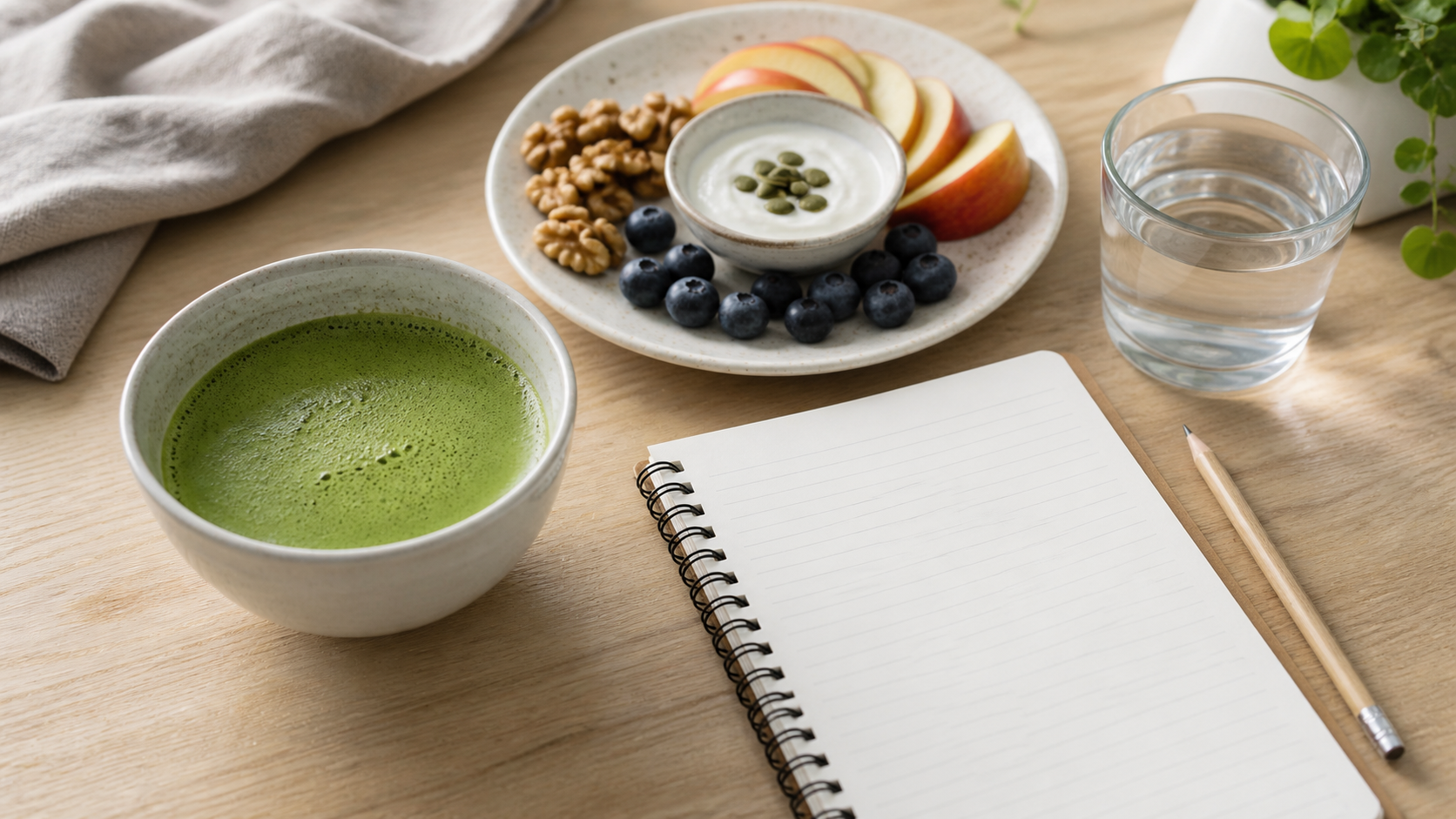 Bowl of matcha beside a balanced snack, water and blank food diary