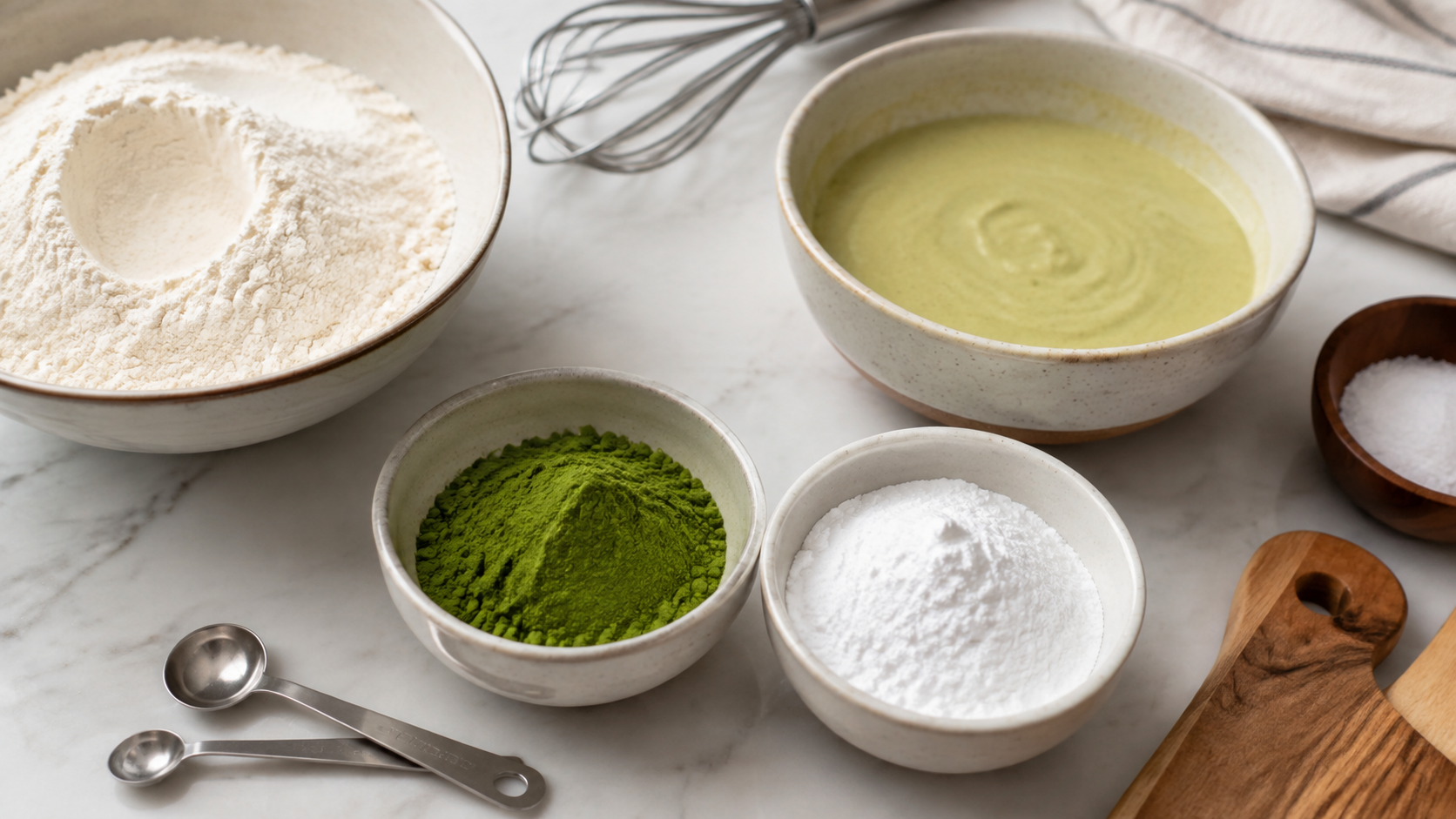 Separate bowls of green matcha powder and white baking powder beside flour and cake batter