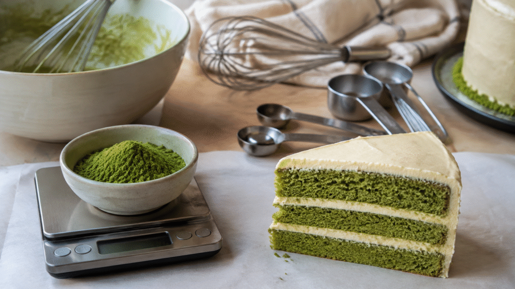 Slice of matcha layer cake beside matcha powder on a digital scale and baking tools