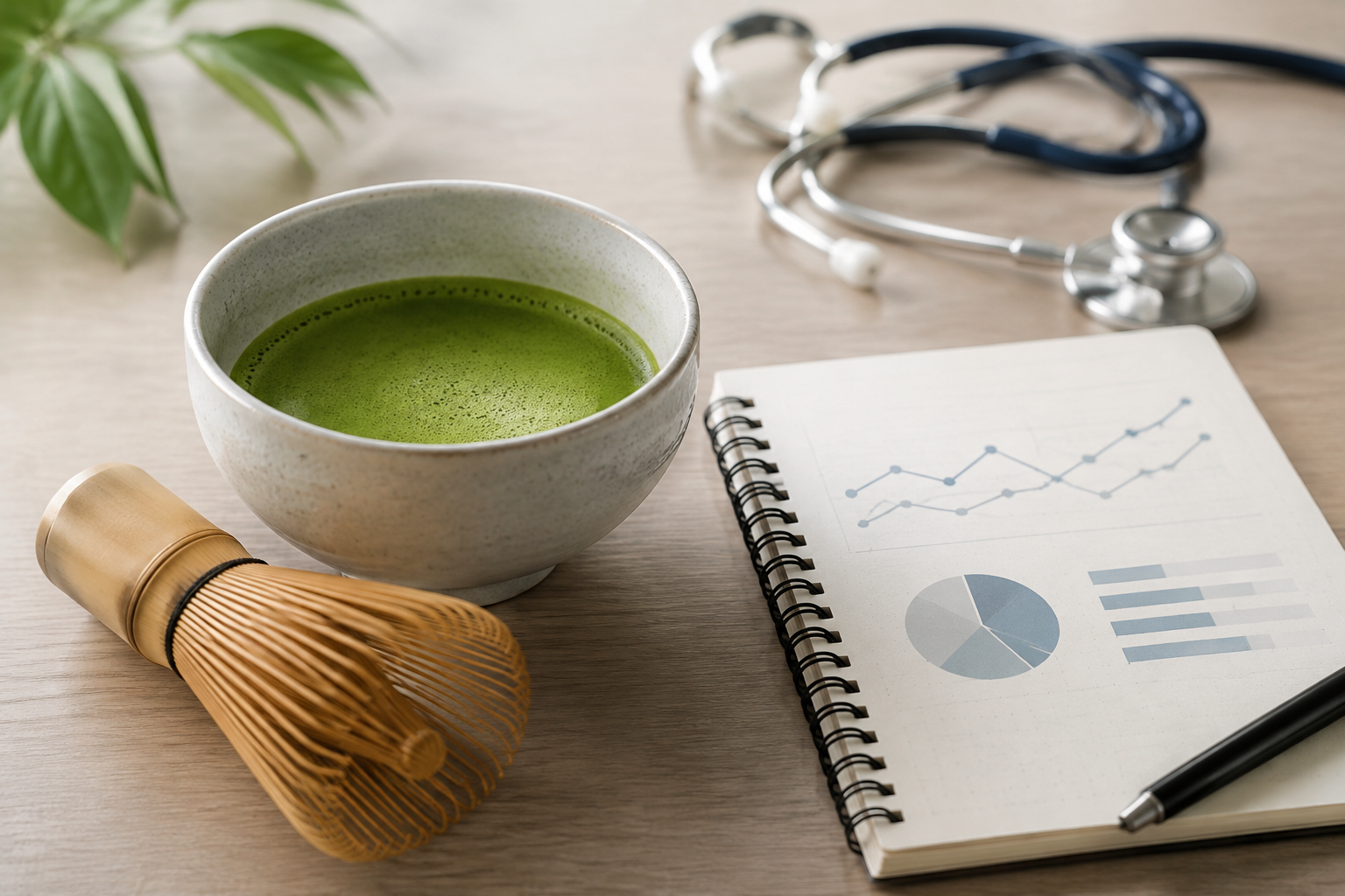 Bowl of matcha with notebook charts and a stethoscope for an evidence review