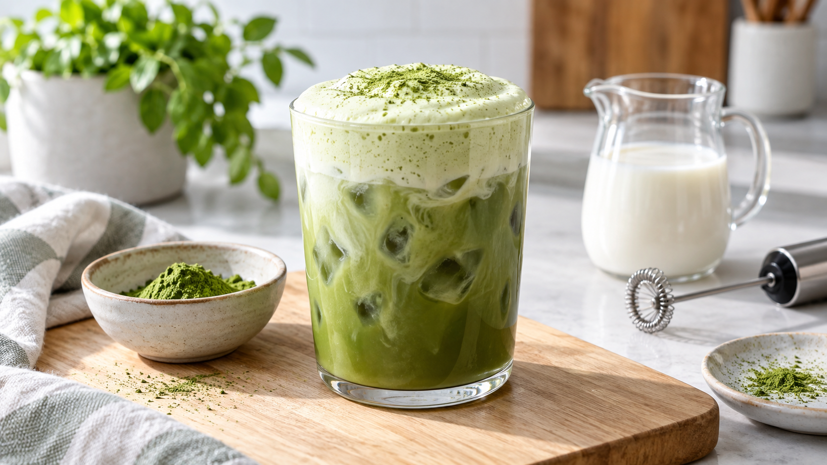 Iced matcha drink topped with pale green cold foam beside milk, matcha powder and a frother