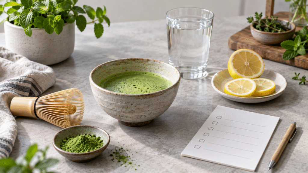 Matcha bowl beside water, lemon slices and a blank checklist
