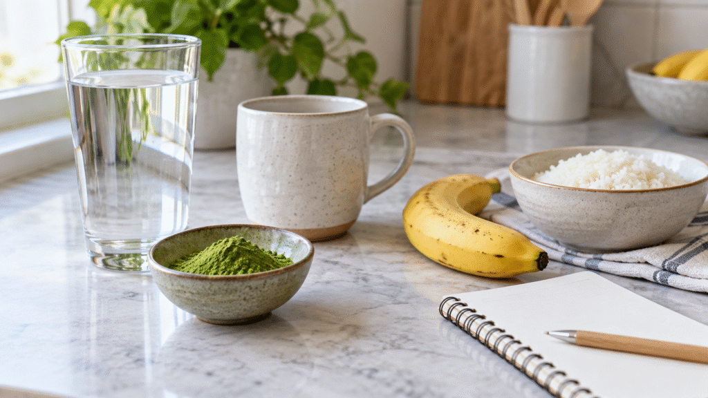 Matcha powder beside water, banana, rice and blank symptom notes