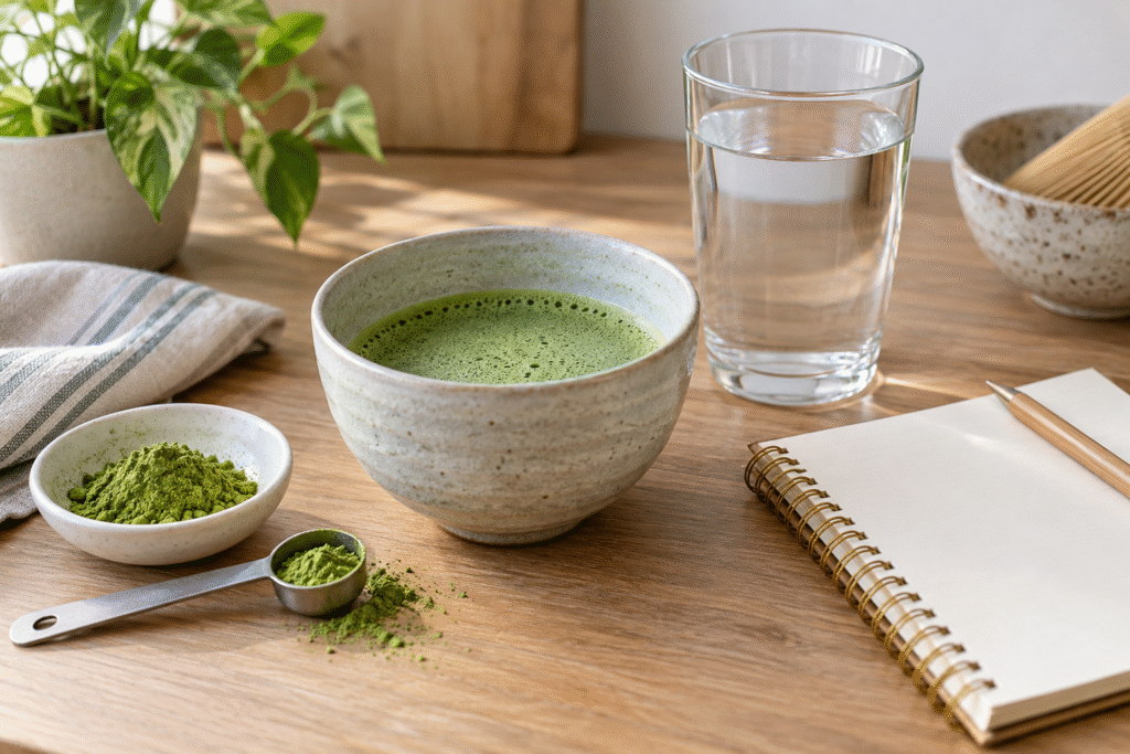A bowl of matcha beside a glass of water, matcha powder, a measuring spoon and a blank notebook